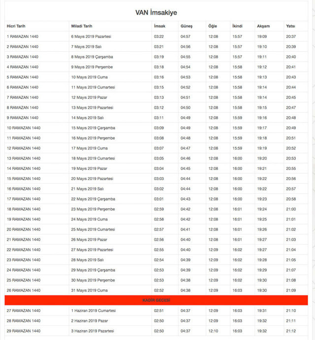 van imsakiye 2019 diyanet imsak-sahur iftar vakti