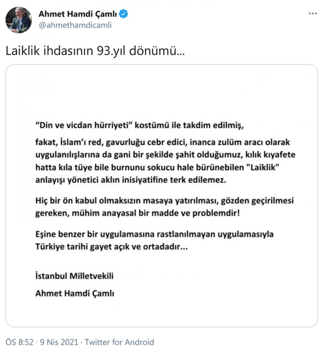 AK Parti milletvekili Ahmet Hamdi Çamlı'dan 'laiklik' çıkışı! Yeni bir tartışma başlattı - Resim: 0