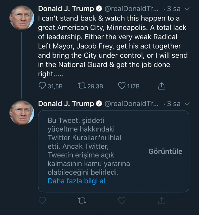 Twitter ABD Başkanı Trump'ın Minneapolis paylaşımına 'şiddeti yüceltme' uyarısı koydu - Resim: 0