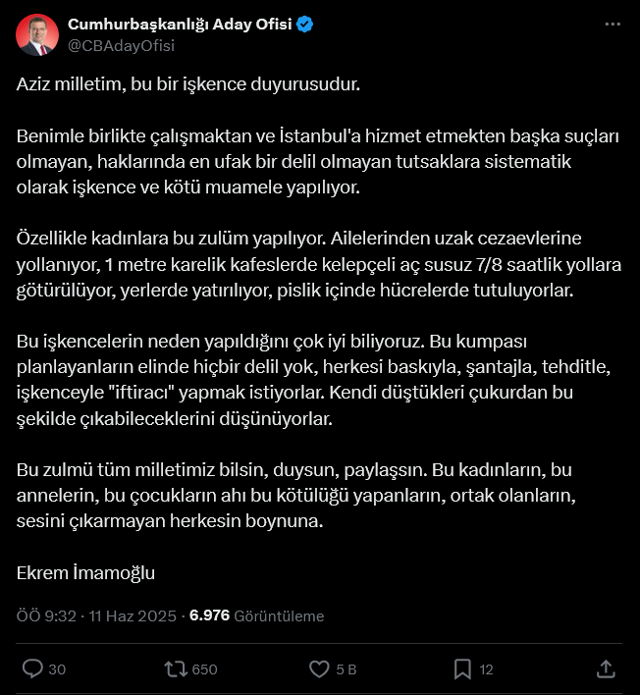 Ekrem İmamoğlu'ndan akıllara zarar iddialar! "Bu bir işkence duyurusudur" deyip paylaştı - Resim: 0
