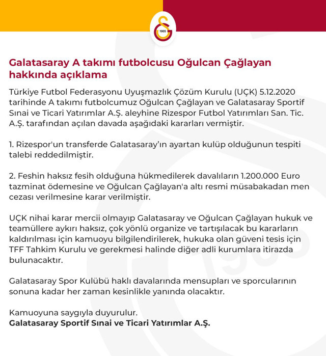 Galatasaray ve Oğulcan Çağlayan'a şok ceza - Resim: 0