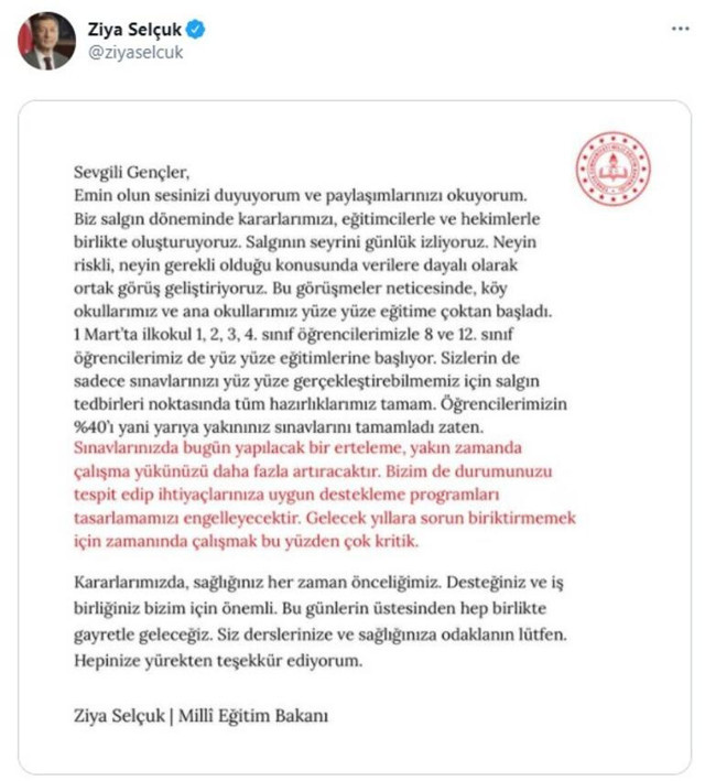 Milli Eğitim Bakanı Ziya Selçuk açıkladı! Sınavlar iptal mi yüz yüze eğitim ne zaman başlıyor - Resim: 0