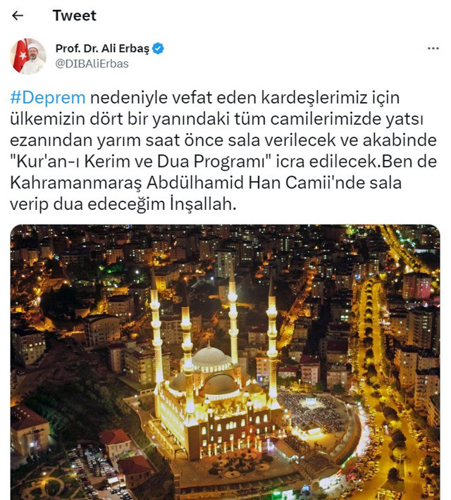 Diyanet İşleri Başkanı Ali Erbaş açıkladı: 81 ilde depremzedeler için sala okunacak! - Resim: 0