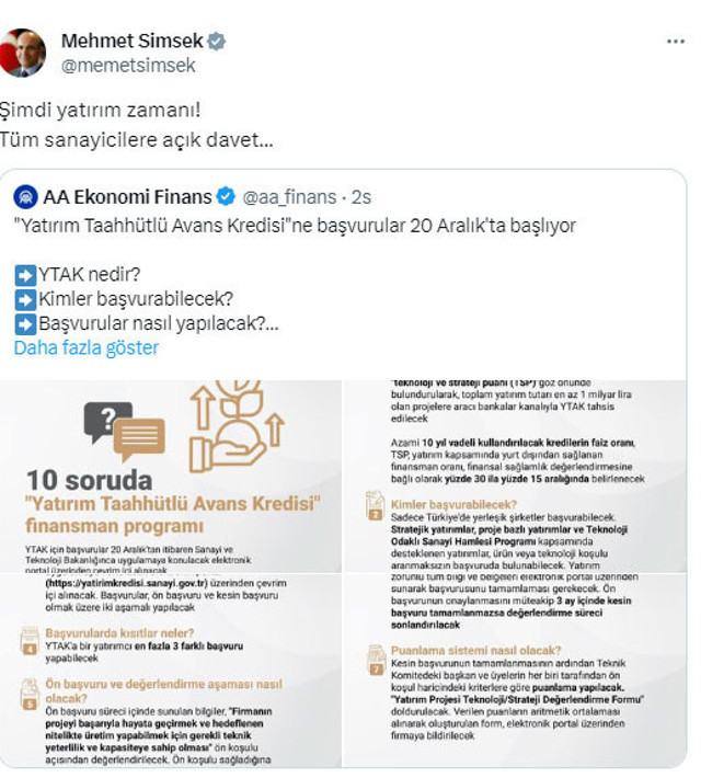 Yatırım Taahhütlü Avans Kredisi başvuruları başlıyor! Bakan Mehmet Şimşek: Şimdi yatırım zamanı! - Resim: 0