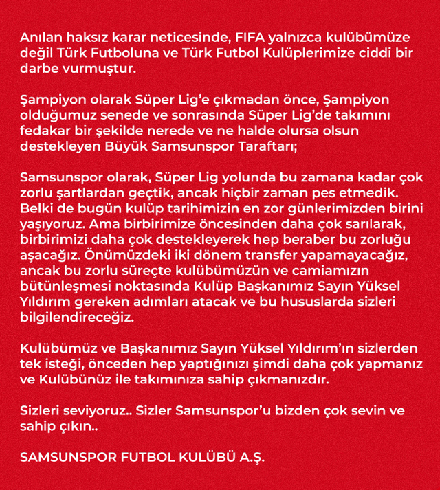 Süper Lig ekibine iki dönem transfer yasağı verildi! Samsunspor'dan flaş açıklama - Resim: 1