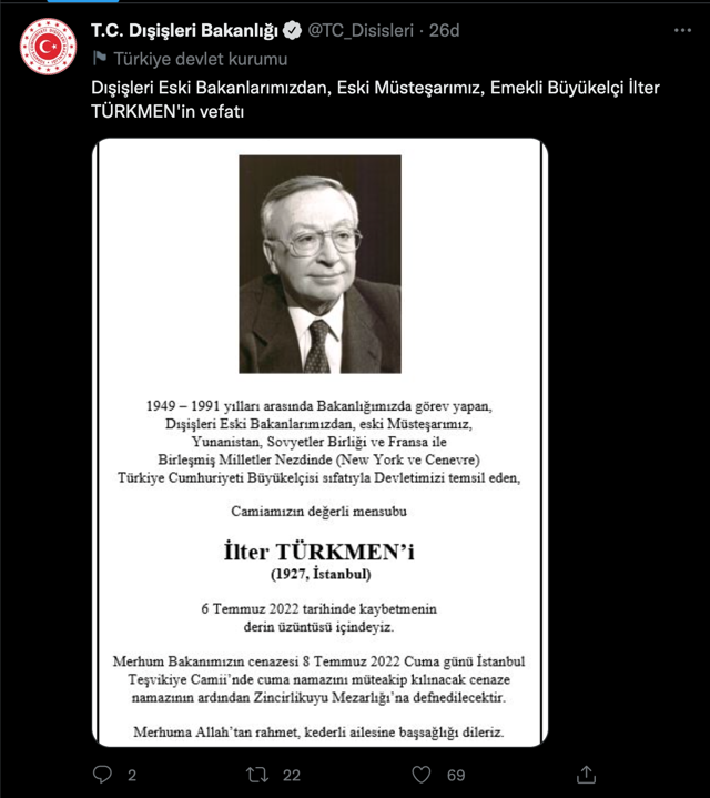 Dışişleri Bakanlığı duyurdu! Eski Dışişleri Bakanı İlter Türkmen vefat etti - Resim: 0