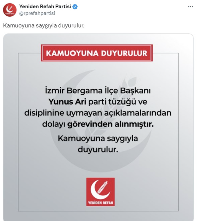 Yaptığı paylaşım başını yaktı! Yeniden Refah'lı başkan görevden alındı - Resim: 1