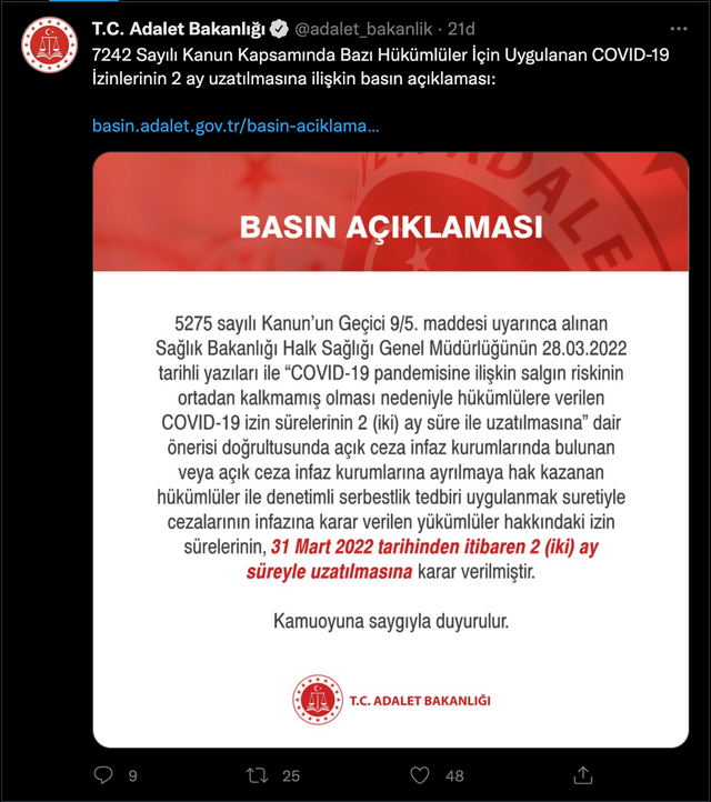 Adalet Bakanlığı açıkladı! Koronavirüs izinleri 2 ay daha uzatıldı - Resim: 0