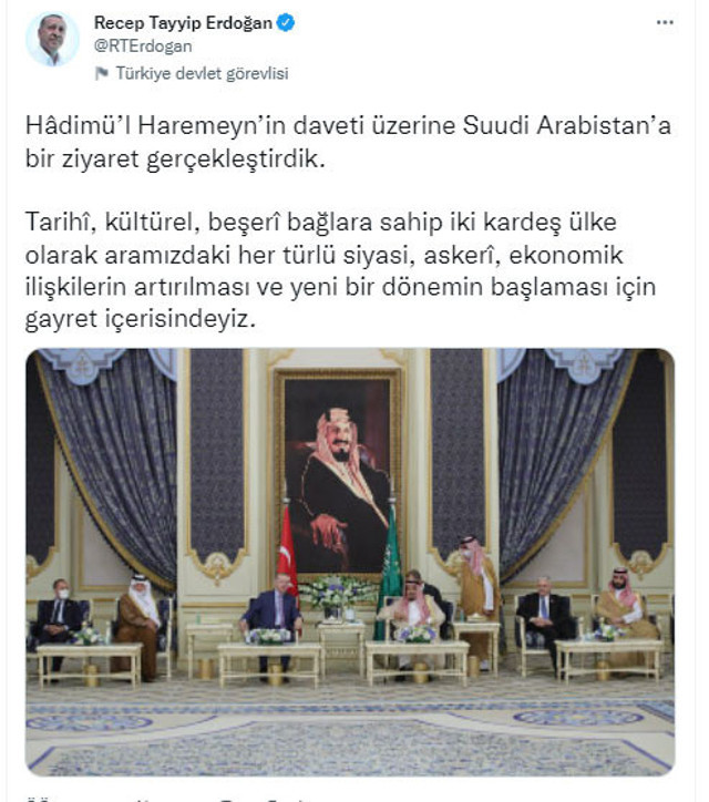 Cumhurbaşkanı Erdoğan'dan Suudi Arabistan paylaşımı: İş birliğimizi artırmanın müşterek menfaatimize olduğuna inanıyoruz - Resim: 0
