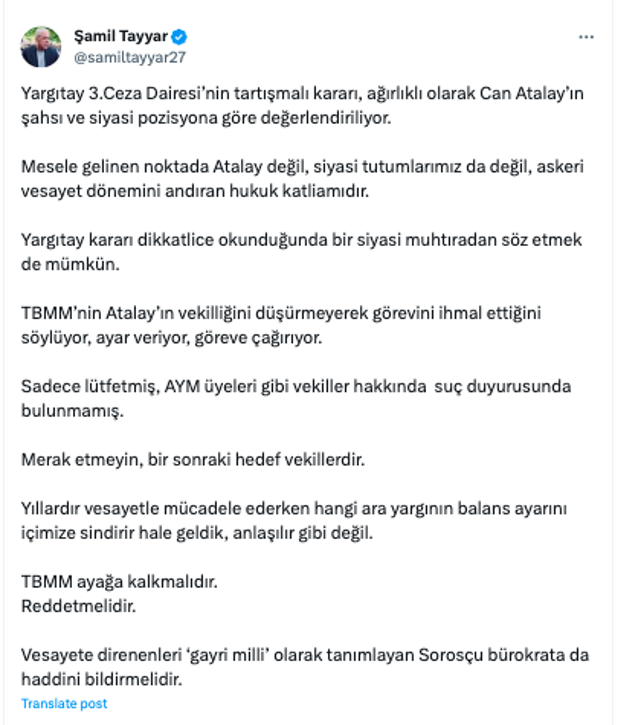 Şamil Tayyar: Yargıtay kararı siyasi muhtıradır, Meclis'e ayar veriyor! - Resim: 0