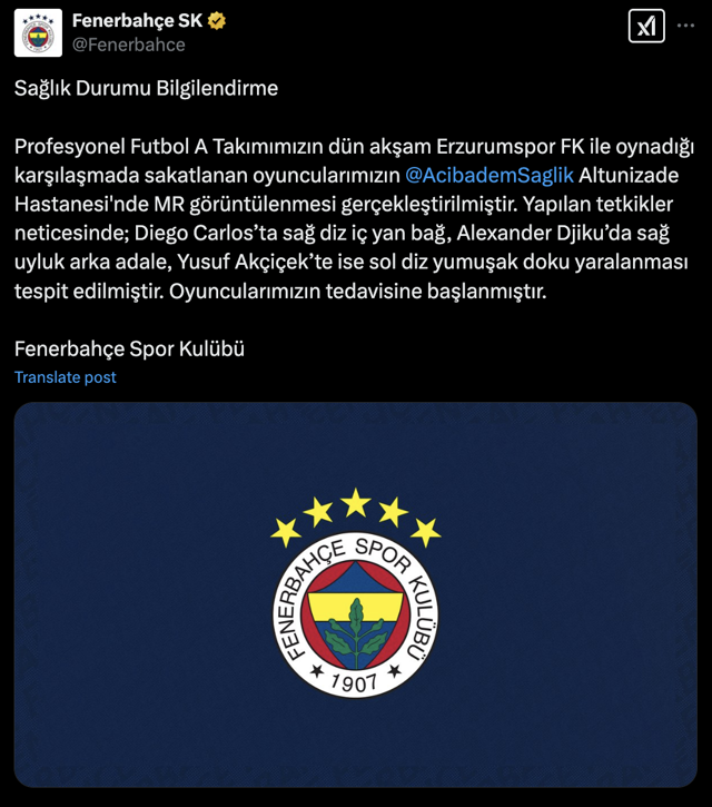 Dünkü maçta sakatlanmışlardı! Djiku, Carlos ve Yusuf Akçiçek'in sağlık durumunu Fenerbahçe açıkladı - Resim: 0