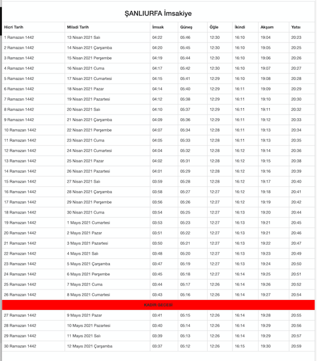 şanlıurfa imsakiyesi