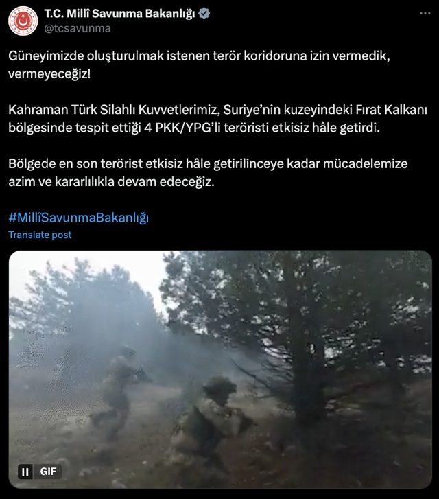 Milli Savunma Bakanlığı açıkladı: Fırat Kalkanı bölgesinde 4 PKK/YPG'li terörist etkisiz hale getirildi - Resim: 0