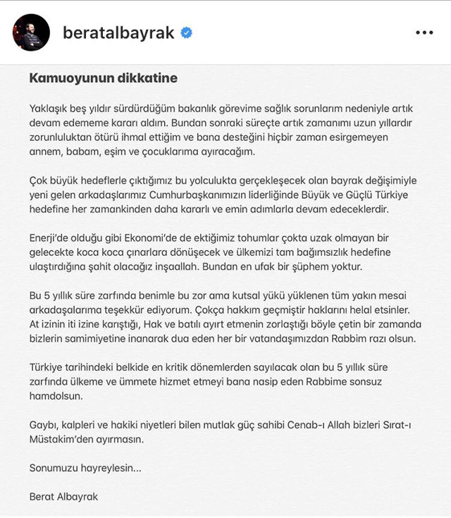 Berat Albayrak istifa haberi doğru mu? Berat Albayrak istifa metni iddiası olay oldu - Resim: 0