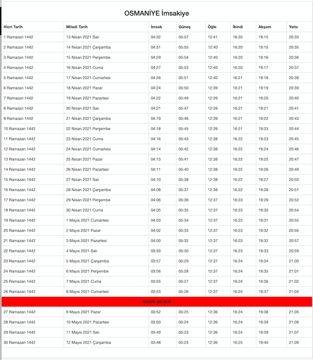osmaniye imsakiyesi