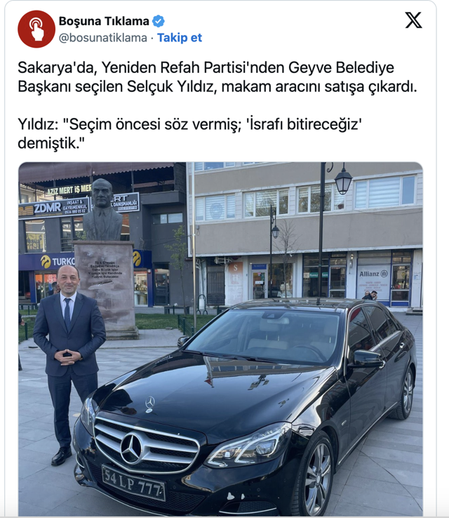 YRP'li belediye başkanı makam aracını satışa çıkardı! - Resim: 0