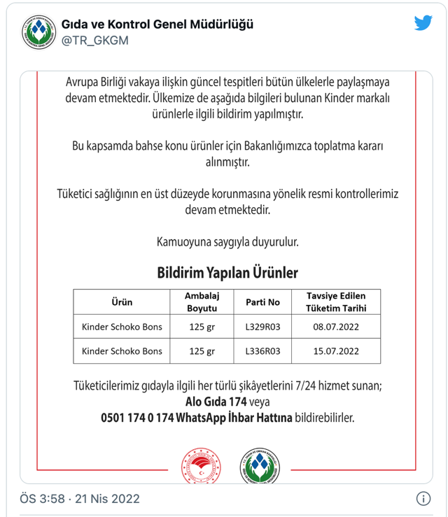 Tarım Bakanlığı Kinder Schoko Bons ürünlerinin piyasadan toplatılmasına karar verdi - Resim: 0