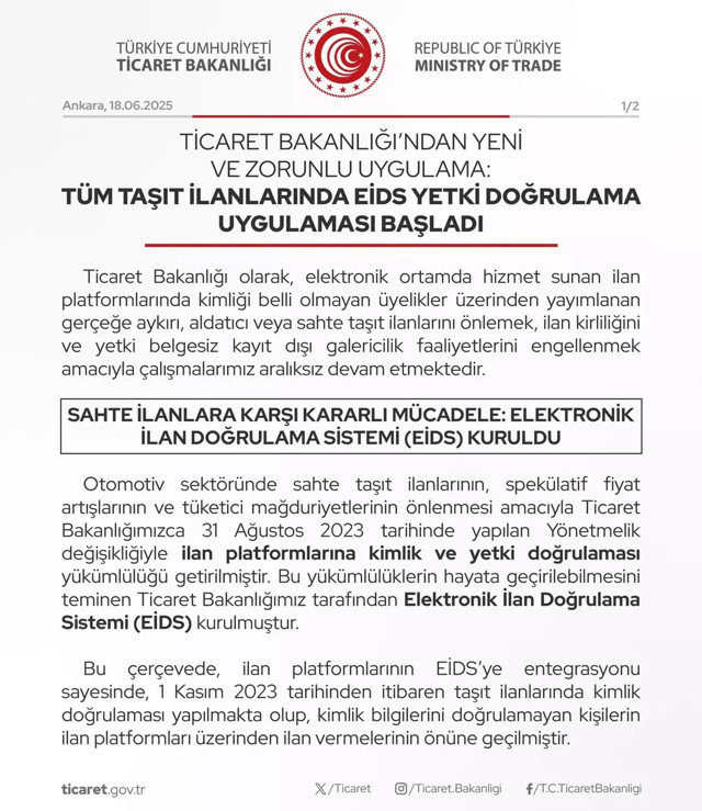 Tüm taşıt ilanları için zorunlu oldu, yeni dönem başlıyor! Bakanlık duyurdu - Resim: 0