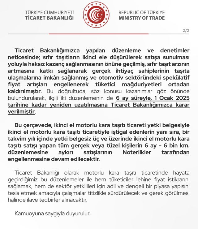 Ticaret Bakanlığı'ndan flaş açıklama! Otomotivde 6 ay 6 bin kilometre düzenlemesi uzatıldı - Resim: 1