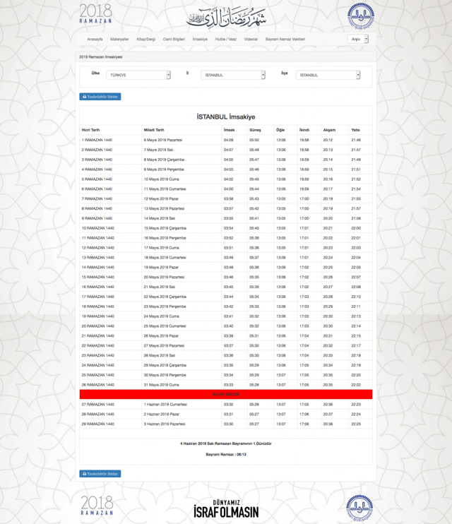 istanbul imsakiye 2019 diyanet