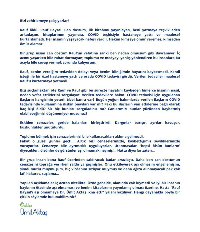 Yayıncı Rauf Baysal koronavirüsten öldü! Ümit Aktaş linç edildi! Aşı olmayıp yanlış ilaçlar mı kullandı? - Resim: 0