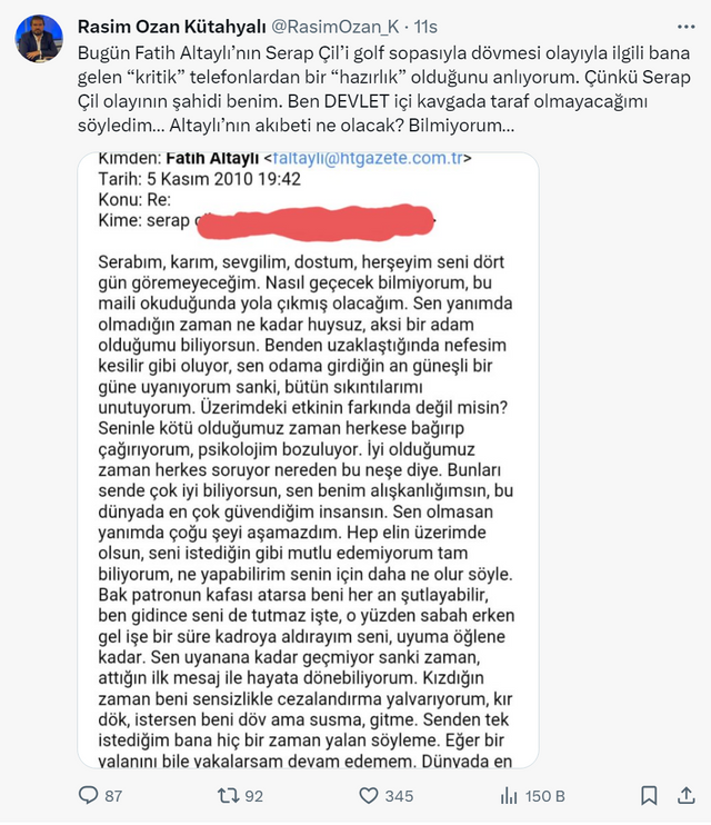Rasim Ozan Kütahyalı duyurdu! Fatih Altaylı'nın Serap Çil dosyası açıldı! Benim de ifademi rica ettiler... - Resim: 1