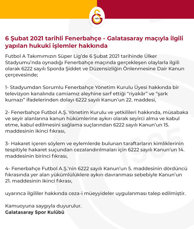 Galatasaray'dan Fenerbahçe derbisiyle ilgili suç duyurusu - Resim: 0