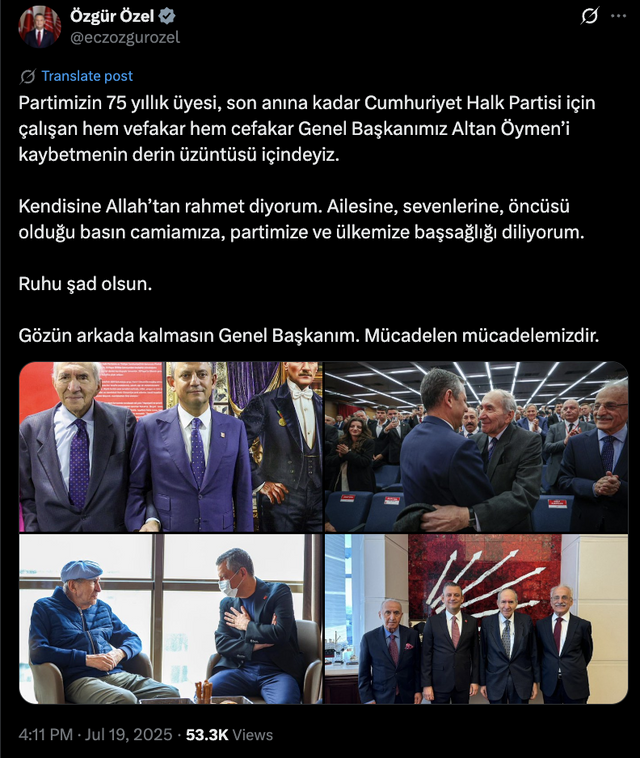 Özgür Özel'den Altay Öymen'in vefatına ilişkin açıklama: "Derin üzüntü içindeyiz" - Resim: 0