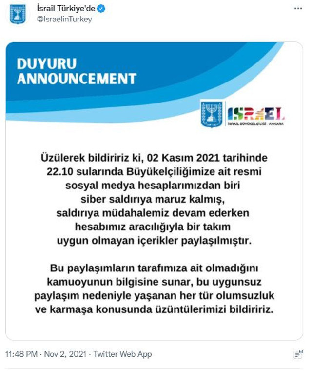 İsrail Büyükelçiliği, skandal paylaşıma 'siber saldırı' kılıfı buldu - Resim: 0