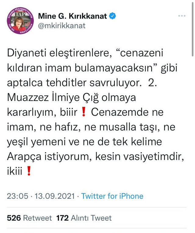 Mine Kırıkkanat: Cenazemde imam, hafız  istemiyorum - Resim: 0