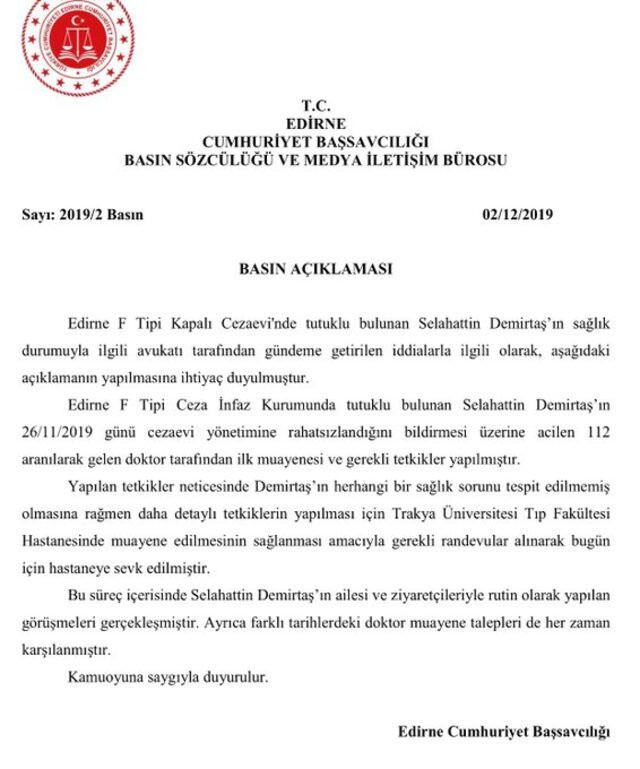 Demirtaş'ın sağlık durumu ile ilgili Trakya Üniversitesi'nden açıklama - Resim: 0