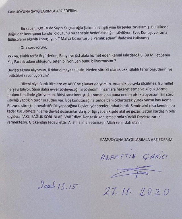 Alaattin Çakıcı'dan CHP lideri Kılıçdaroğlu'na yeni mektup! Sende beni öldürtecek yürek var mı - Resim: 0