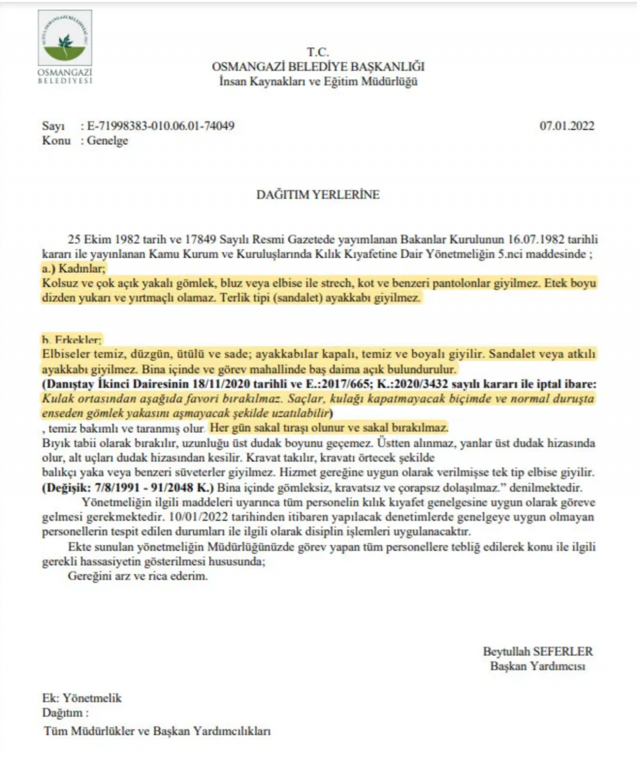 Osmangazi Belediyesi'nden 'kısa etek' genelgesi! Yırtmaçlı etek, strech pantolan ve kolsuz elbise yasak - Resim: 1