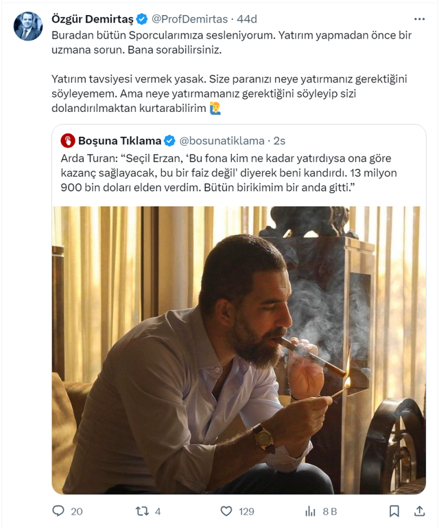 Özgür Demirtaş, Arda Turan'dan intikam böyle aldı! 'Bir daha bana sor, seni dolandırılmaktan kurtarayım" - Resim: 0
