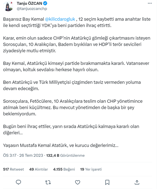 Tanju Özcan'dan ihraç kararına tepki! İhraç edilmek beni küçültmez... - Resim: 0