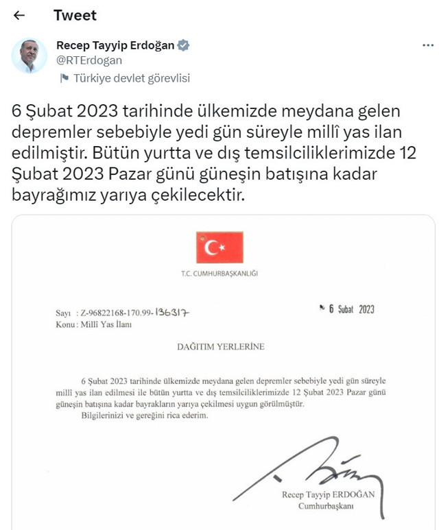 Cumhurbaşkanı Erdoğan açıkladı: Deprem nedeniyle 7 gün milli yas ilan edildi! - Resim: 0