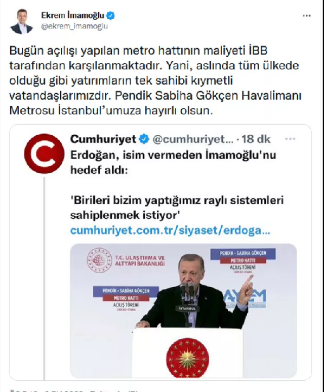 Ekrem İmamoğlu'nun 'metronun maliyetini İBB karşılıyor' çıkışına cevap geçikmedi! "İnşaallah iyisinizdir" - Resim: 0