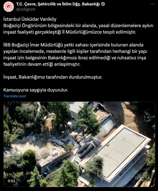 Çevre, Şehircilik ve İklim Değişikliği Bakanlığı, Vaniköy'deki izinsiz inşaatı durdurdu - Resim: 1