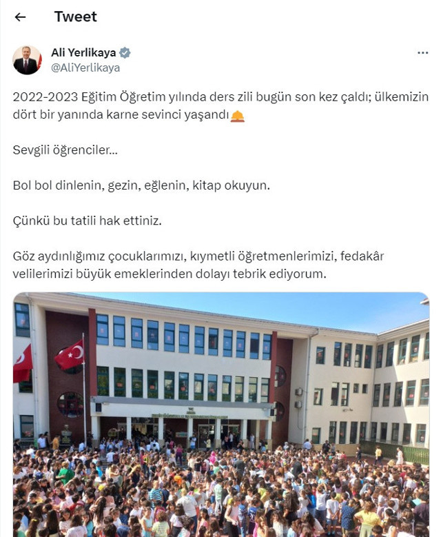 Bakan Yerlikaya'dan öğretmen ve velilere tebrik, öğrencilere tatil mesajı! - Resim: 0