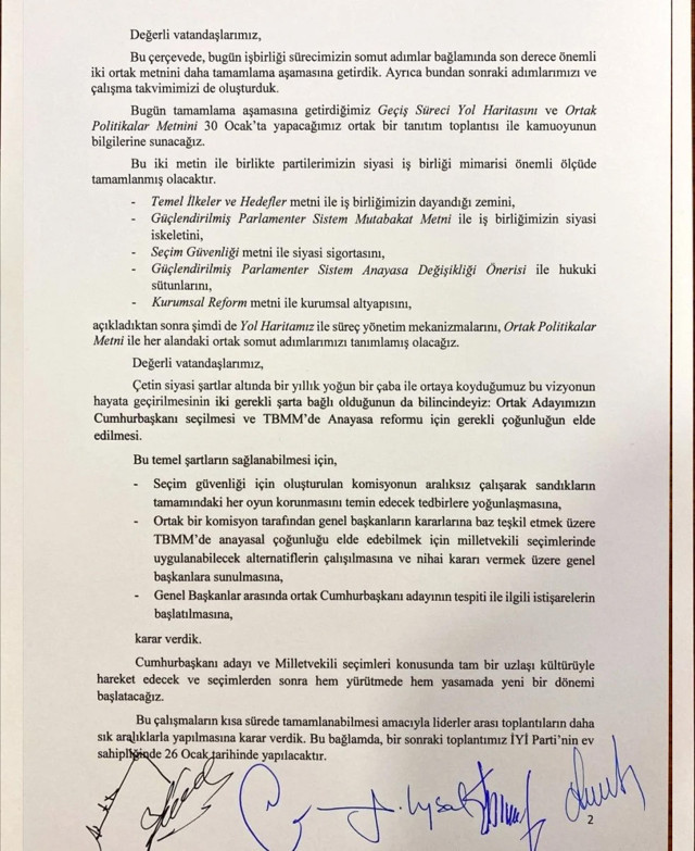 6'lı masa toplantısı sonrası yazılı açıklama yapıldı: Aday için görüşmelere başlıyoruz - Resim: 1