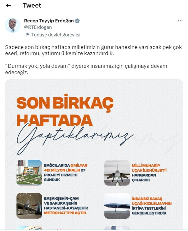 Cumhurbaşkanı Erdoğan'dan 'durmak yok yola devam' paylaşımı! "Son birkaç haftada yaptıklarımız" - Resim: 0