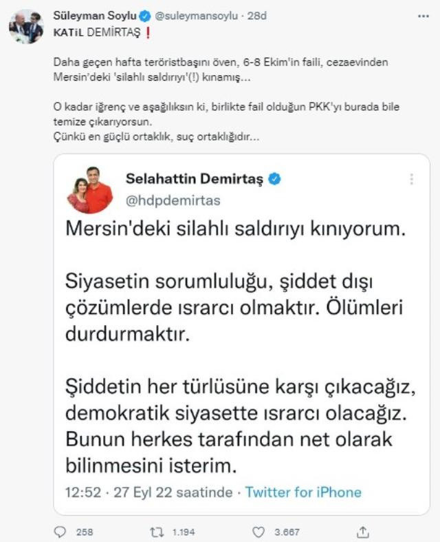 Mersin'deki terör saldırısını kınayan Demirtaş'a İçişleri Bakanı Soylu'dan sert tepki - Resim: 0