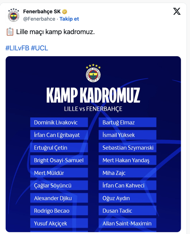 Fenerbahçe'nin Lille maçı kamp kadrosu belli oldu - Resim: 0