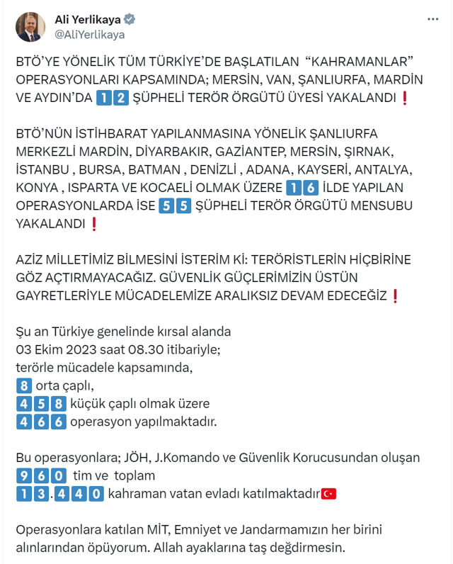 PKK'ya yönelik 'Kahramanlar' operasyonu başlatıldı! Bakan Yerlikaya: 13 bin 440 polisle 466 operasyon var - Resim: 0