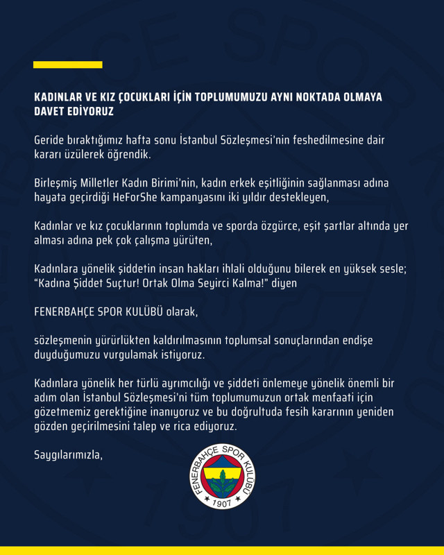 Fenerbahçe'den sürpriz İstanbul Sözleşmesi çıkışı! Bu çok konuşulacak - Resim: 1