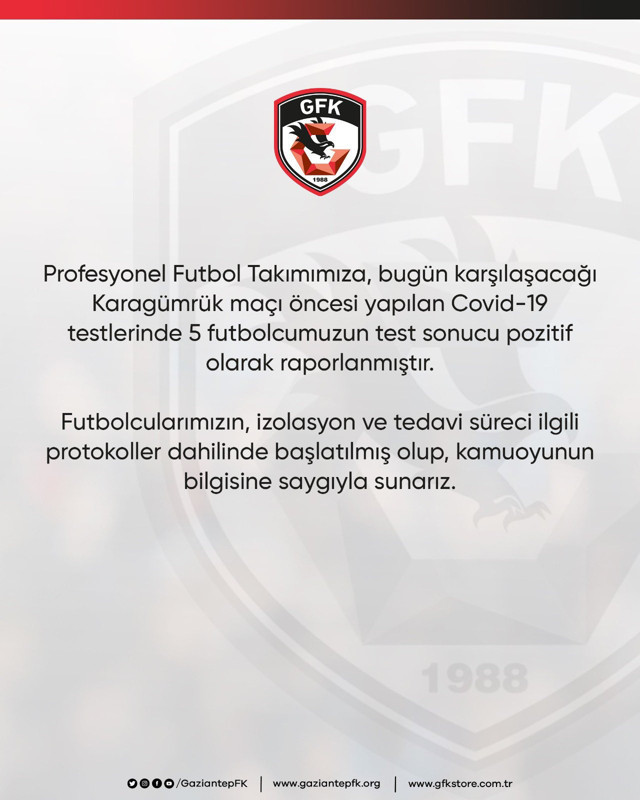 Gaziantep - Fatih Karagümrük maçına dakikalar kala 5 futbolcu korona oldu - Resim: 0