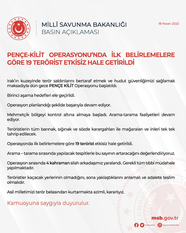 Pençe Kilit Operasyonu'nda etkisiz hale getirilen terörist sayısı açıklandı MSB: 4 yaralımız var - Resim: 0