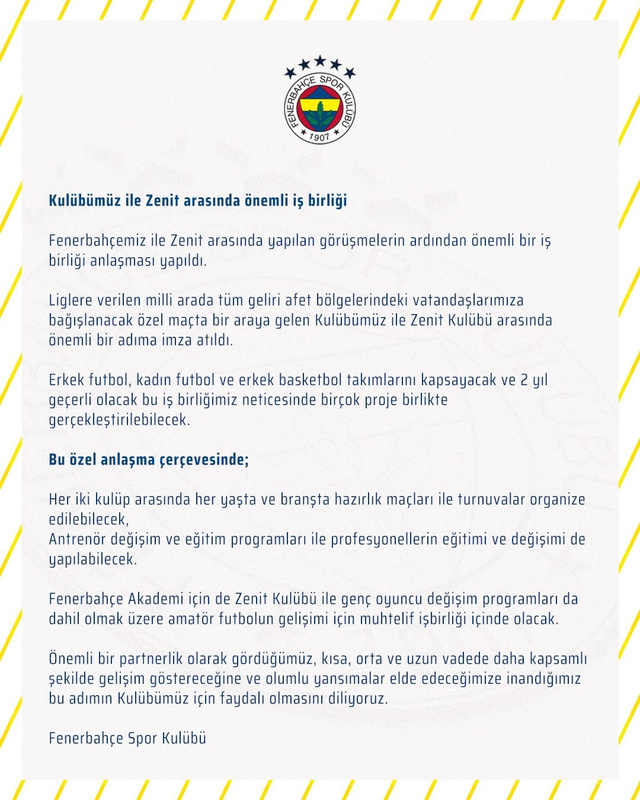 Fenerbahçe, Zenit ile 2 yıllık iş birliği anlaşması yaptı - Resim: 0