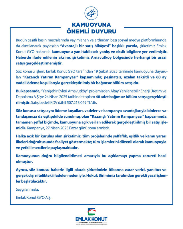 Emlak Konut'tan "Avantajlı bir satış hikâyesi" başlıklı yazıya ilişkin açıklama - Resim: 0