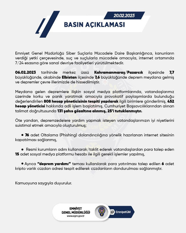 Emniyet açıkladı! Depremlerle ilgili provokatif paylaşımlarda bulunan kişilere tutuklama - Resim: 0